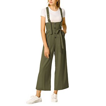 Women's Button Front High Waist Belted Straight Fit Overall Jumpsuit