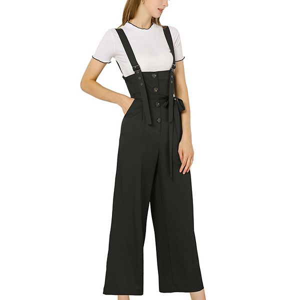 Women's Button Front High Waist Belted Straight Fit Overall Jumpsuit