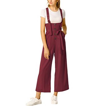 Women's Button Front High Waist Belted Straight Fit Overall Jumpsuit