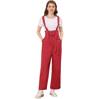 Women's Button Front High Waist Belted Straight Fit Overall Jumpsuit