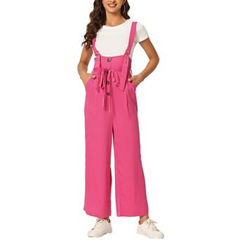Women's Button Front High Waist Belted Straight Fit Overall Jumpsuit