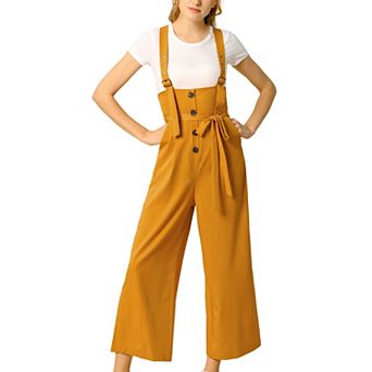 Women's Button Front High Waist Belted Straight Fit Overall Jumpsuit