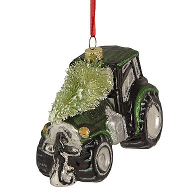 4" Green Tractor with Tree Glass Christmas Ornament