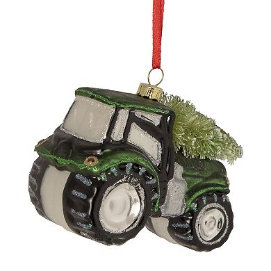 4" Green Tractor with Tree Glass Christmas Ornament