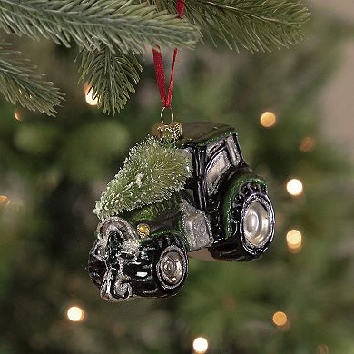4" Green Tractor with Tree Glass Christmas Ornament