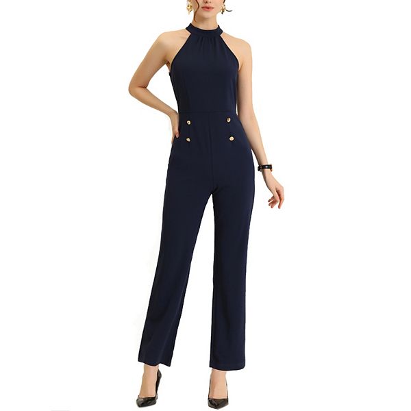 Halter Neck Jumpsuits For Women's Sleeveless High Waist Wide Leg Work