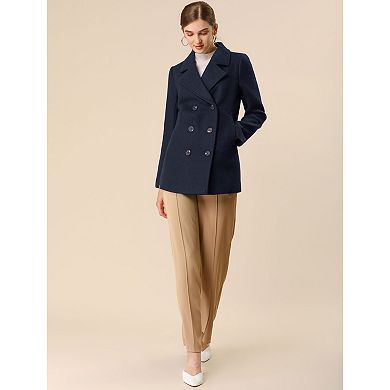 Women's Notched Lapel Double-Breasted Pocket Mid Thigh Overcoat