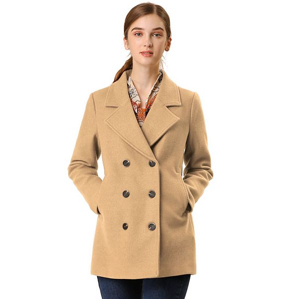 Women's Notched Lapel Double-breasted Pocket Mid Thigh Overcoat