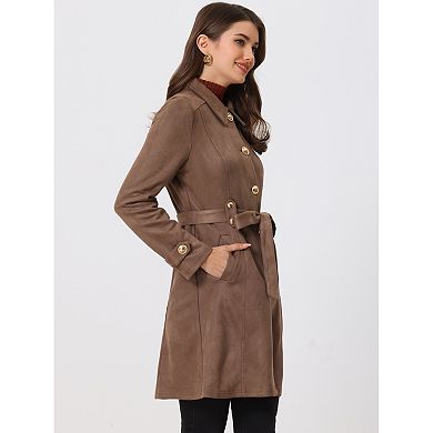 Women's Winter Faux Suede Button Front Tie Belt Waist Long Trench Coat