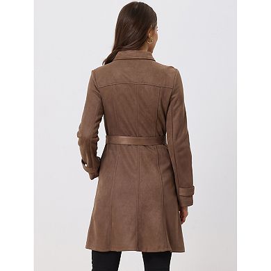 Women's Winter Faux Suede Button Front Tie Belt Waist Long Trench Coat