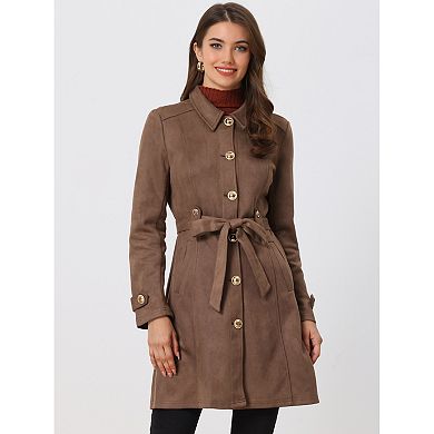 Women's Winter Faux Suede Button Front Tie Belt Waist Long Trench Coat