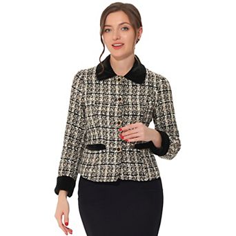 Women's Elegant Velvet Collared Plaid Tweed Blazer
