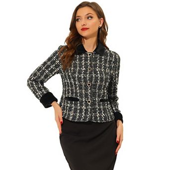 Women's Elegant Velvet Collared Plaid Tweed Blazer