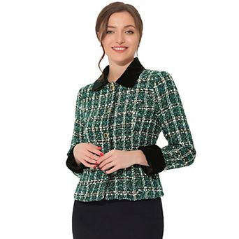 Women's Elegant Velvet Collared Plaid Tweed Blazer