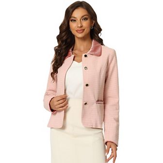 Women's Elegant Velvet Collared Plaid Tweed Blazer
