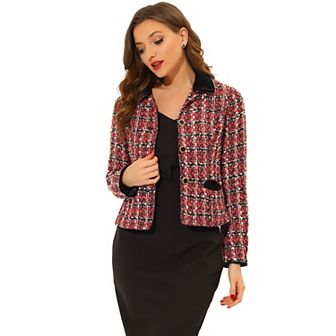 Women's Elegant Velvet Collared Plaid Tweed Blazer