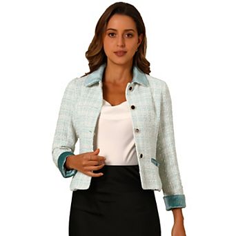 Women's Elegant Velvet Collared Plaid Tweed Blazer