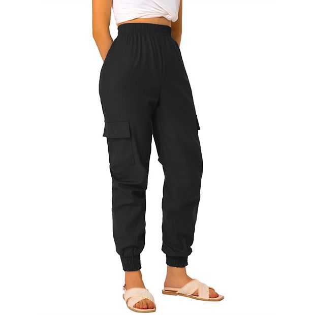 YWDJ Womens Black Cargo Pants With Pockets Elastic Waist Casual