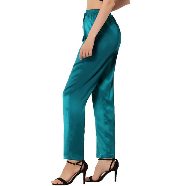 Women's Satin High Elastic Waist Straight Wide Leg Pants with Pockets