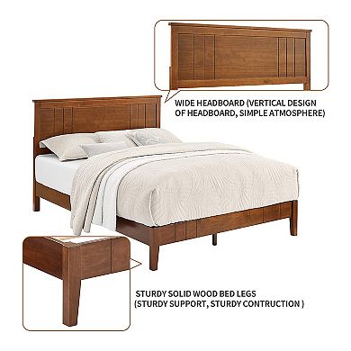 MUSEHOMEINC Mid Century Modern Solid Pinewood Platform Bed with Headboard, Full