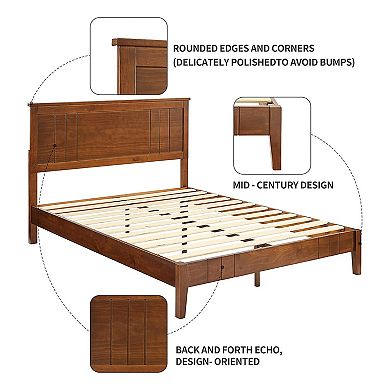 MUSEHOMEINC Mid Century Modern Solid Pinewood Platform Bed with Headboard, Full