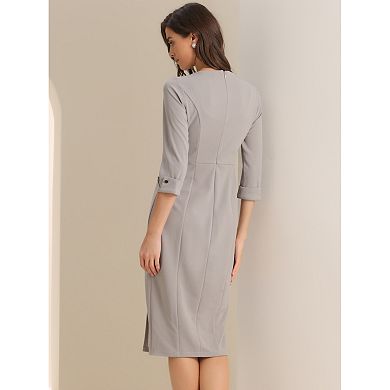 Women's Elegant Boat Neck 3/4 Sleeves Wear To Work Midi Split Sheath Dress