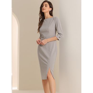 Women's Elegant Boat Neck 3/4 Sleeves Wear To Work Midi Split Sheath Dress