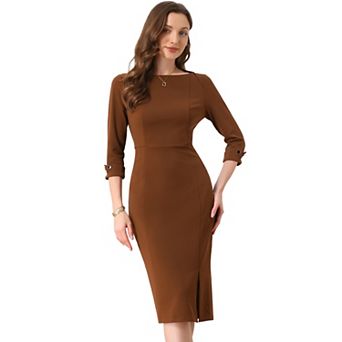 Women's Elegant Boat Neck 3/4 Sleeves Wear To Work Midi Split Sheath Dress