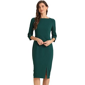 Women's Elegant Boat Neck 3/4 Sleeves Wear To Work Midi Split Sheath Dress