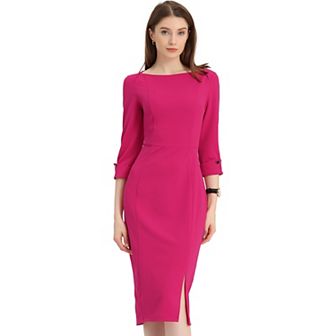 Women's Elegant Boat Neck 3/4 Sleeves Wear to Work Midi Split Sheath Dress