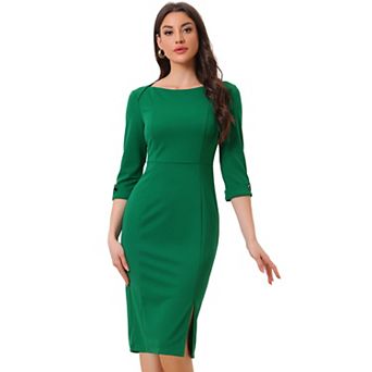 Women's Elegant Boat Neck 3/4 Sleeves Wear to Work Midi Split Sheath Dress