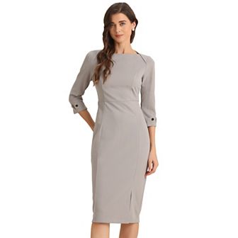 Women's Elegant Boat Neck 3/4 Sleeves Wear To Work Midi Split Sheath Dress