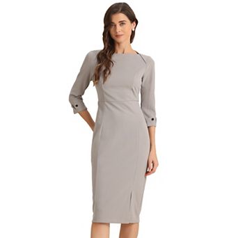 Women's Elegant Boat Neck 3/4 Sleeves Wear To Work Midi Split Sheath Dress