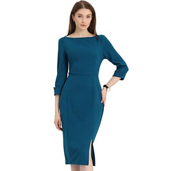 Women's Elegant Boat Neck 3/4 Sleeves Wear to Work Midi Split Sheath Dress