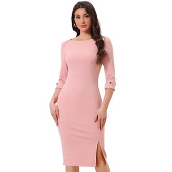 Women's Elegant Boat Neck 3/4 Sleeves Wear to Work Midi Split Sheath Dress