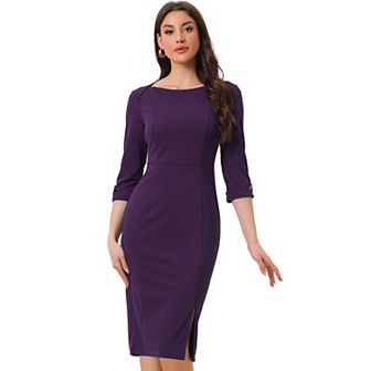 Women's Elegant Boat Neck 3/4 Sleeves Wear to Work Midi Split Sheath Dress