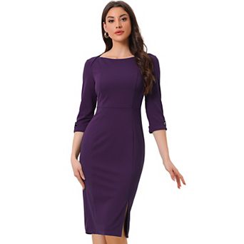 Women's Elegant Boat Neck 3/4 Sleeves Wear To Work Midi Split Sheath Dress