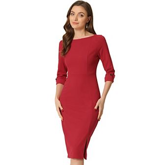 Women's Elegant Boat Neck 3/4 Sleeves Wear To Work Midi Split Sheath Dress