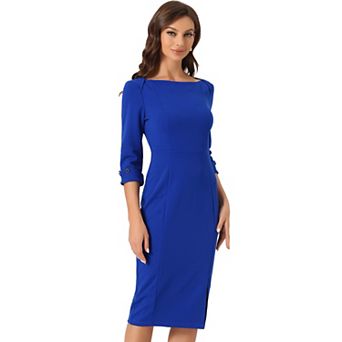Women's Elegant Boat Neck 3/4 Sleeves Wear to Work Midi Split Sheath Dress