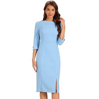 Women's Elegant Boat Neck 3/4 Sleeves Wear to Work Midi Split Sheath Dress
