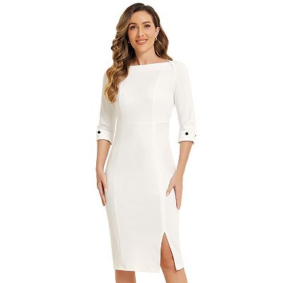 Elegant Boat Neck 3/4 Sleeves Work Midi Split Sheath Dress, White / M