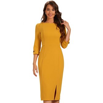Women's Elegant Boat Neck 3/4 Sleeves Wear to Work Midi Split Sheath Dress