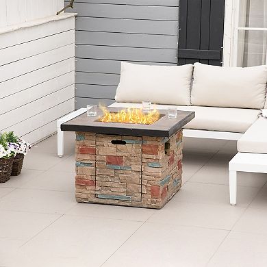 Outsunny 32 Inch Square Propane Fire Pit Table 50000BTU Gas Firepit with Protective Cover Lava Rocks CSA Certification for Outdoor and Patio Brown