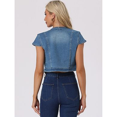 Women's Casual Crop Denim Cardigan Slim Fit Cap Sleeve Jean Jacket