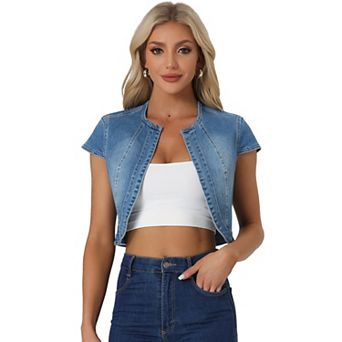 Women's Casual Crop Denim Cardigan Slim Fit Cap Sleeve Jean Jacket