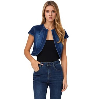 Women's Casual Crop Denim Cardigan Slim Fit Cap Sleeve Jean Jacket