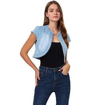Women's Casual Crop Denim Cardigan Slim Fit Cap Sleeve Jean Jacket