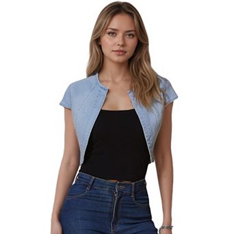 Women's Casual Crop Denim Cardigan Slim Fit Cap Sleeve Jean Jacket