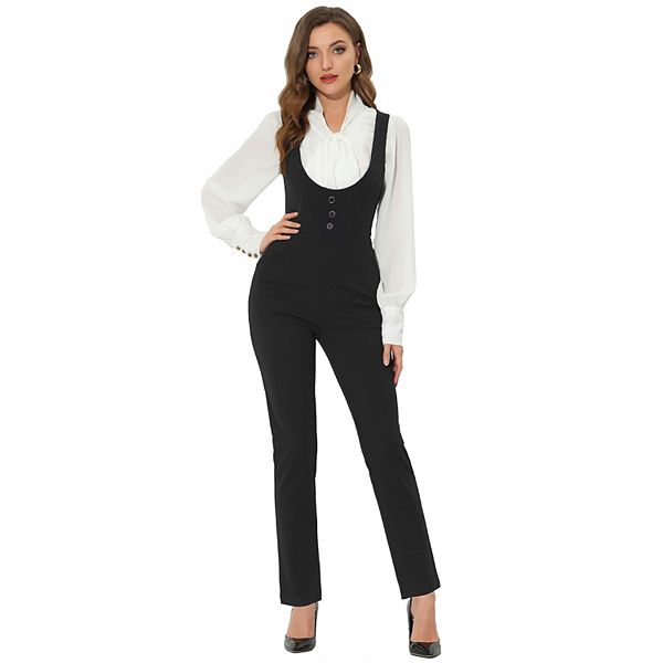 Women's Elegant Scoop Neck Straight Leg Office Suspenders Jumpsuit