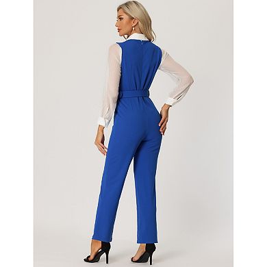 Women's V Neck Belted Sleeveless Straight Leg Elegant Suspenders Jumpsuit